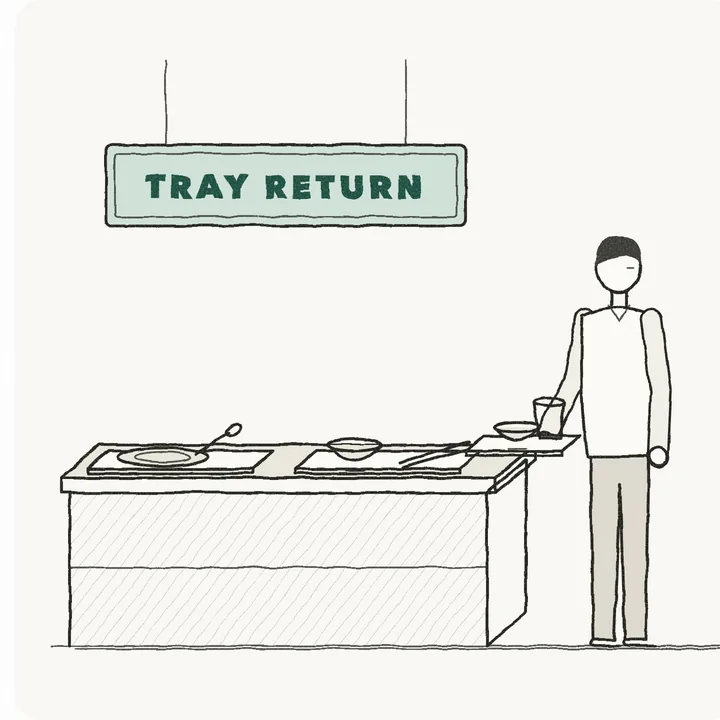 Pencil sketch: a diner places a tray on the tray return counter.