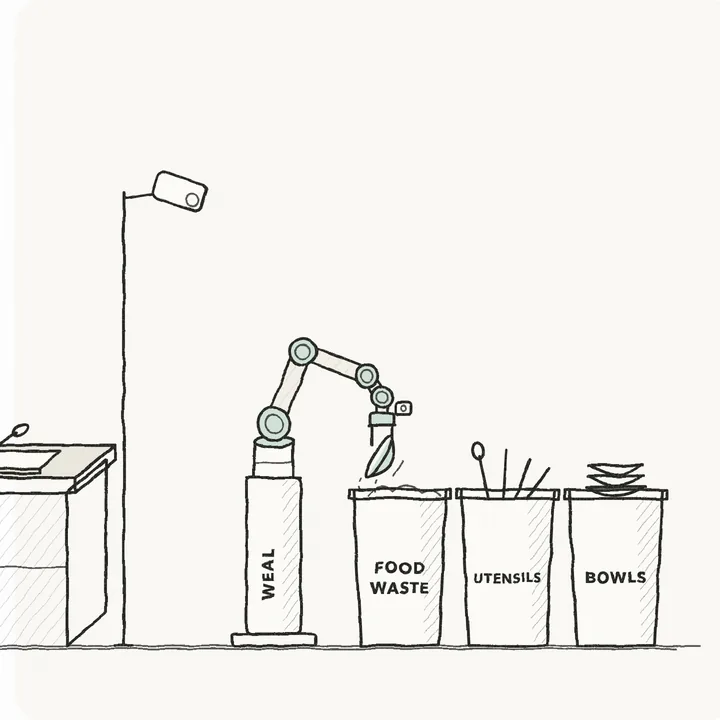 Pencil sketch: the fixed robot arm tips food waste into the waste bin beside the utensil and bowl bins.